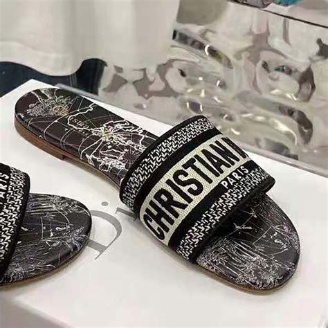 dway slide black dior around the world embroidered cotton|Dior dway slippers reviews.